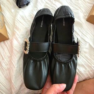 Free People Blk Leather Ursa Gemini Ballet Flats with Rhinestone Buckle Sz. 7.5